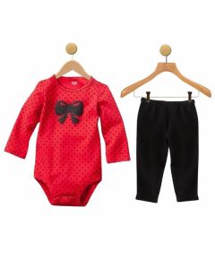 Red Polka Dot Long Sleeve Bodysuit And Ruffled Pants